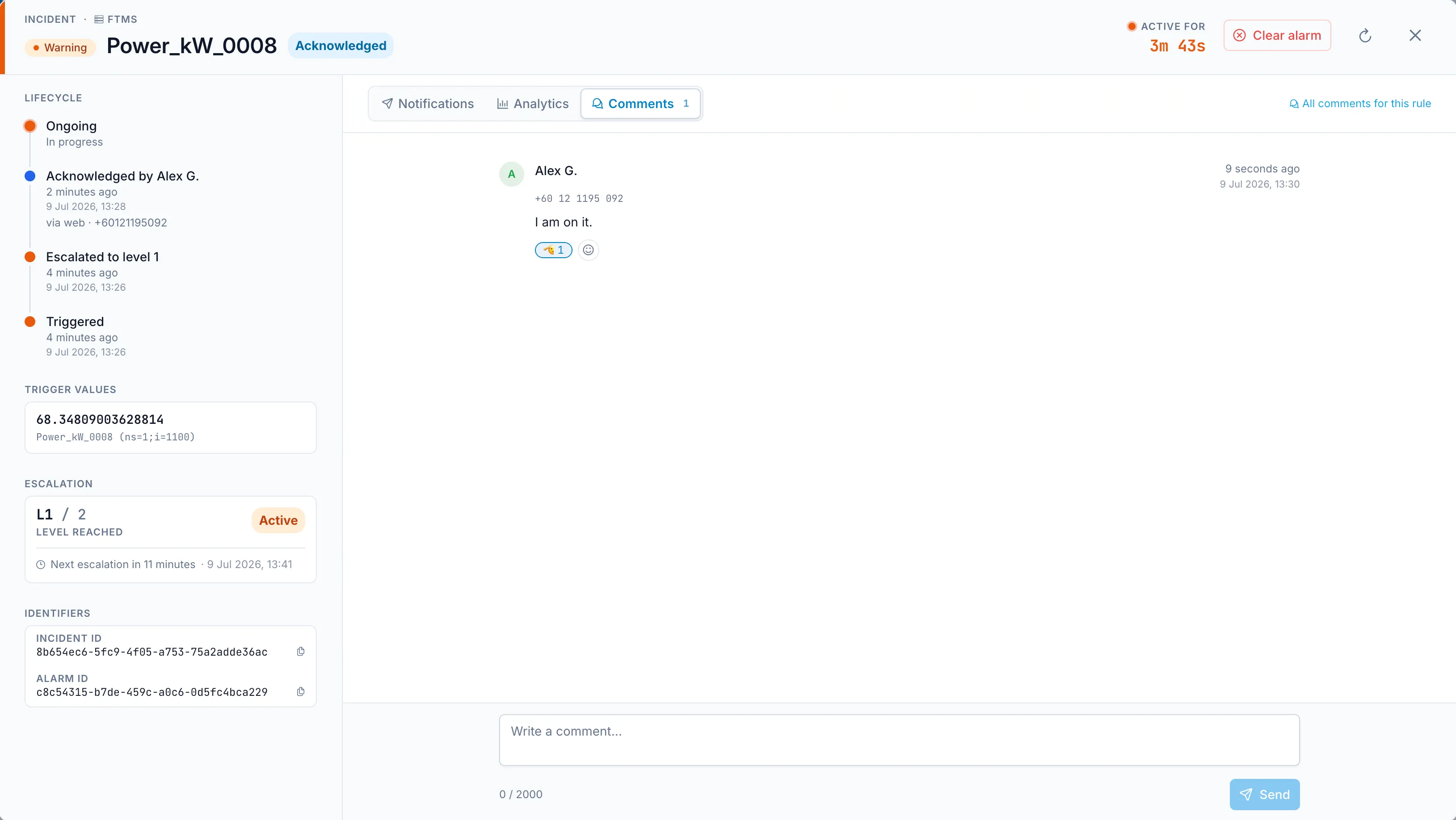 Incident detail with timeline and audit trail