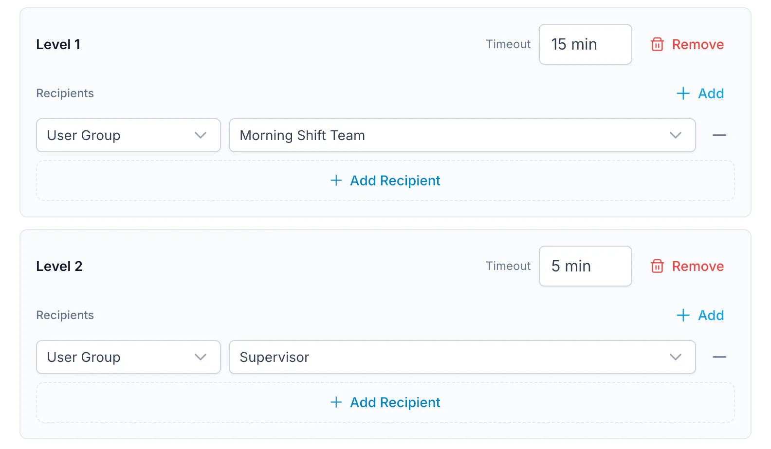 Escalation chain configuration (levels, delays, recipients)