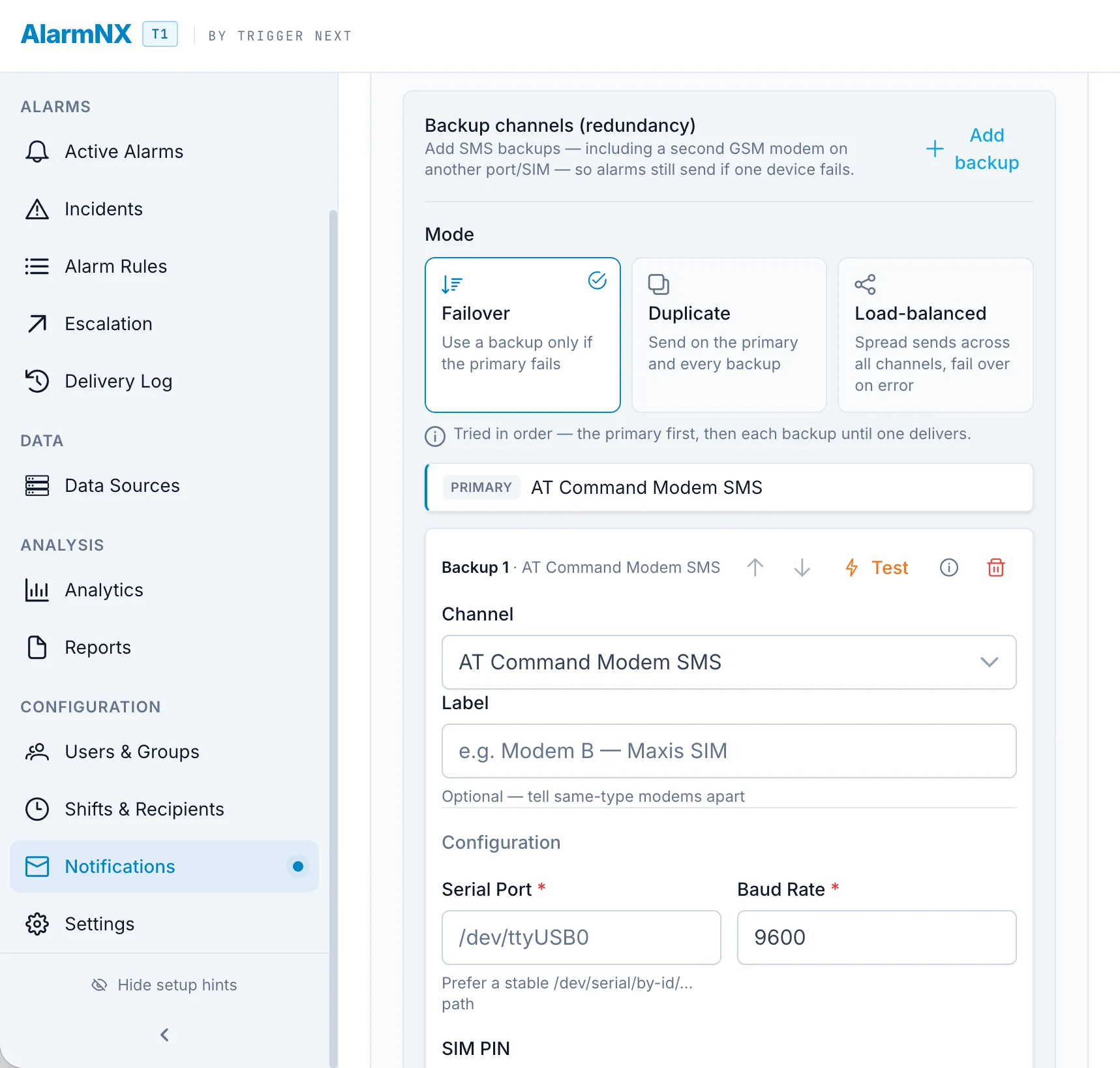 Delivery channel settings including SMS redundancy backups