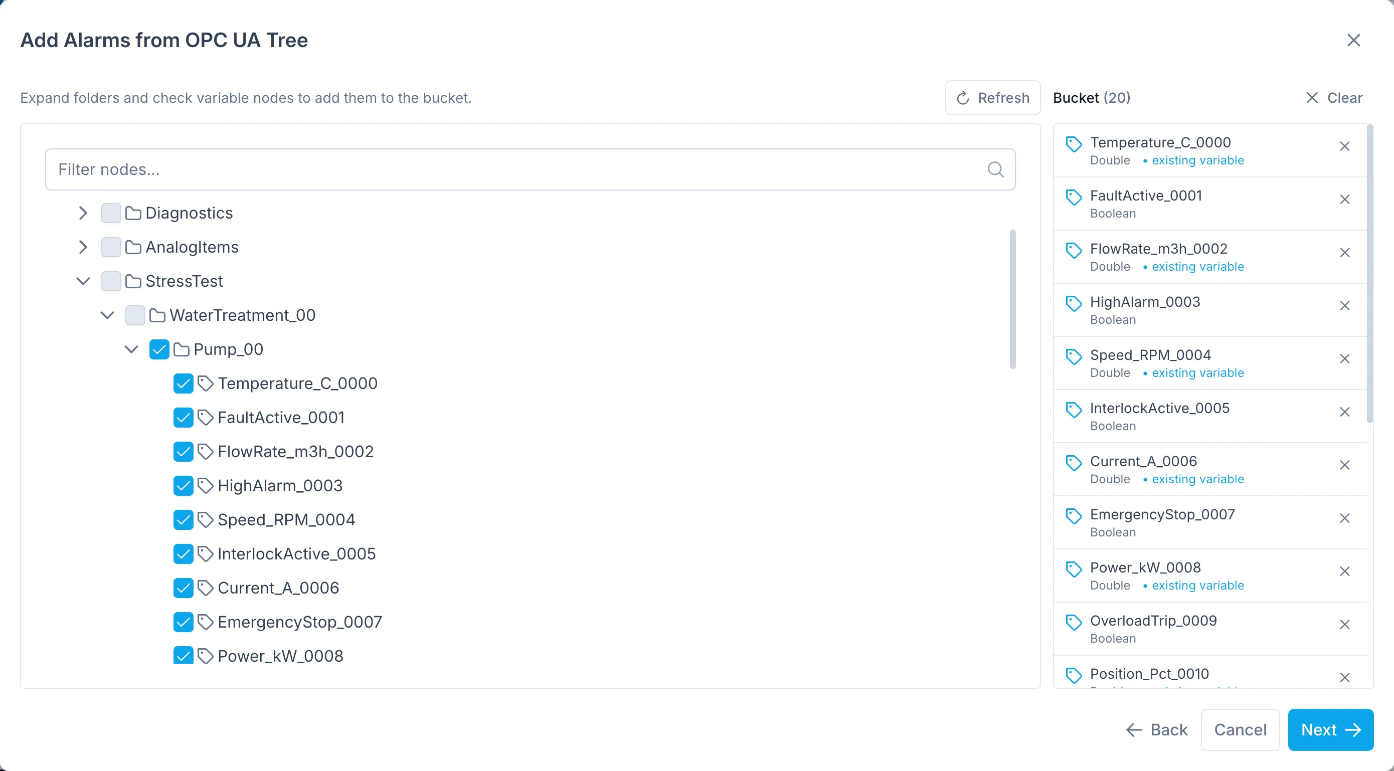 OPC UA address space browser with tags selected for monitoring