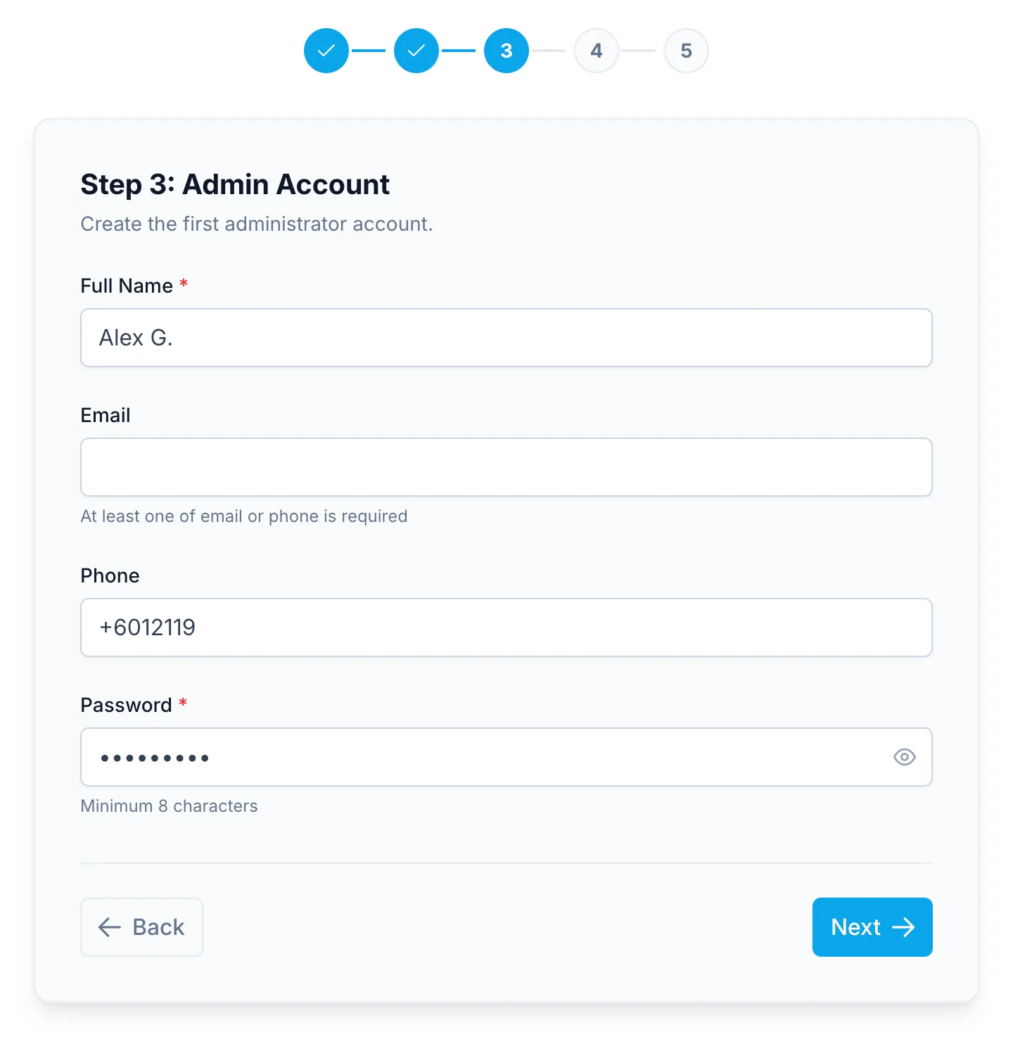 Setup wizard, step 3 of 5, creating the first administrator account