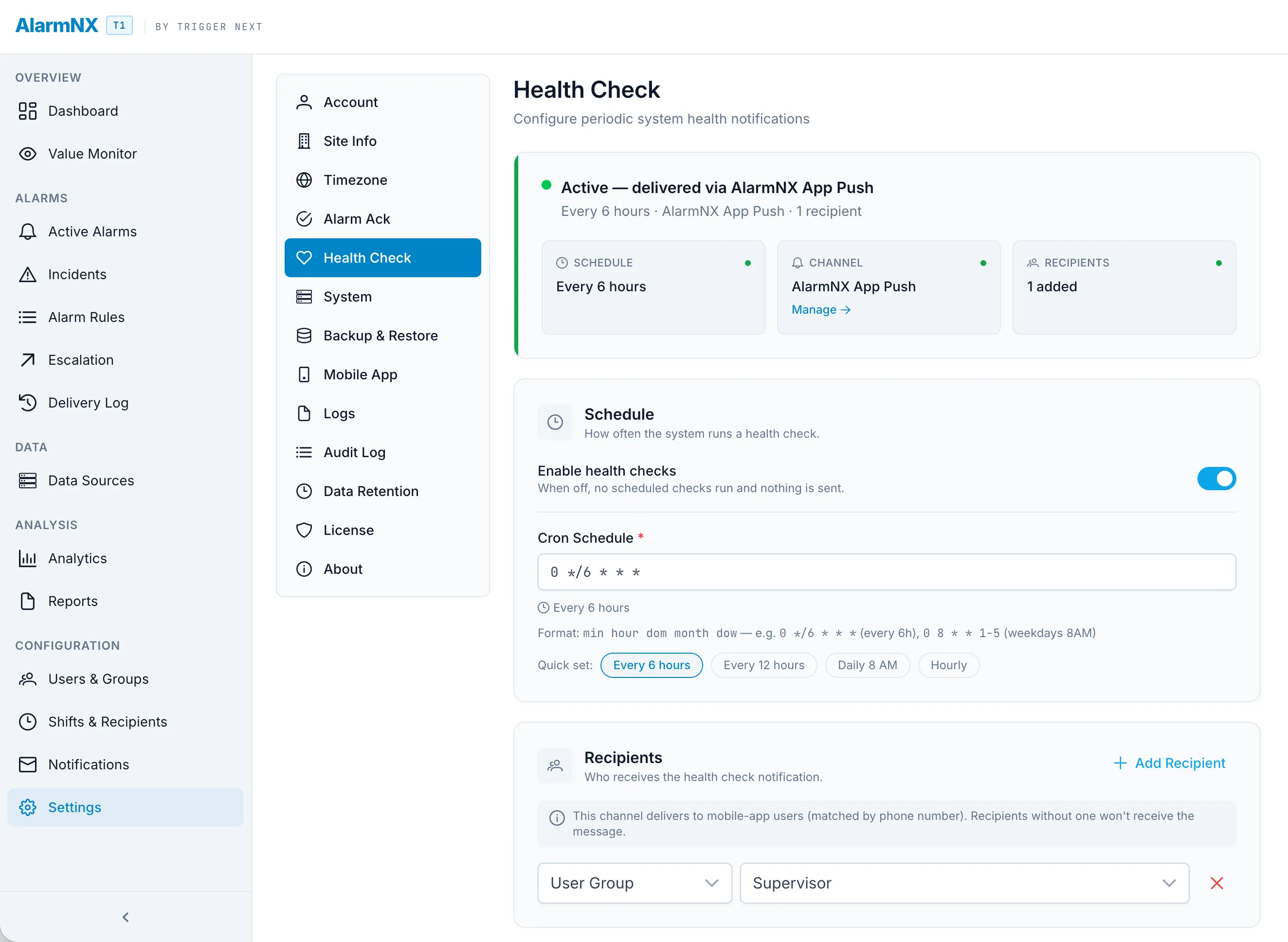 Health check settings with schedule, channel, and recipients