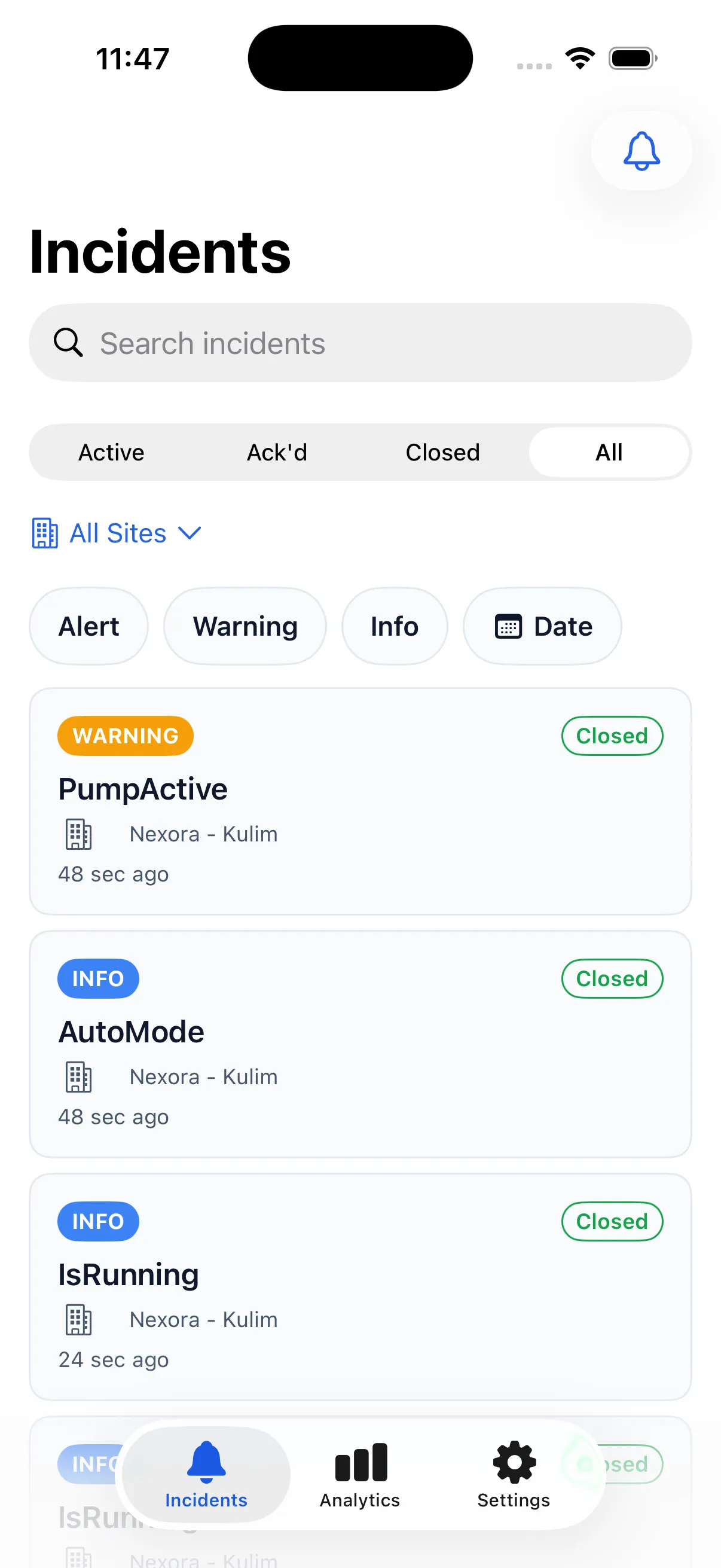 Incident list with severity and site filters